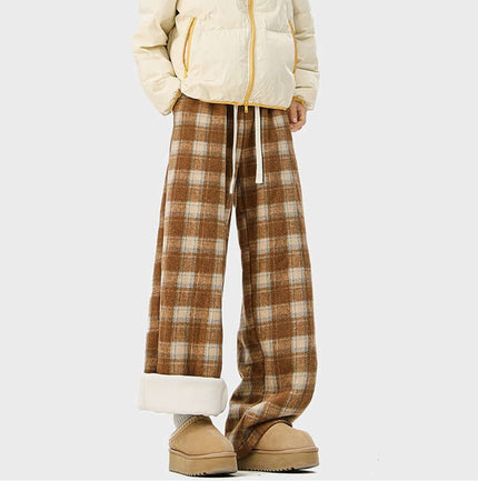 Fleece-Lined Winter Pants - Loose Fit with vintage plaid design for cold-weather comfort and casual style.