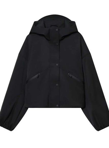 Model wearing Black leisure hooded waterproof windproof jacket by Grozavu