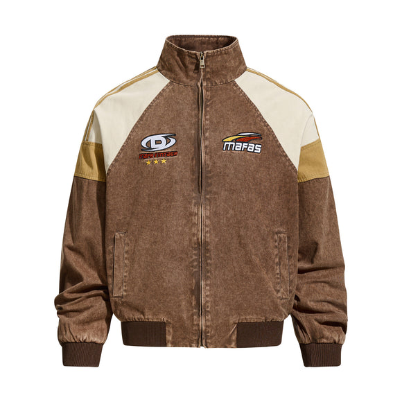 Vintage Distressed Patchwork Letter Embroidery Lapel Jacket, Unisex Loose Casual Couple  Versatile Outerwear