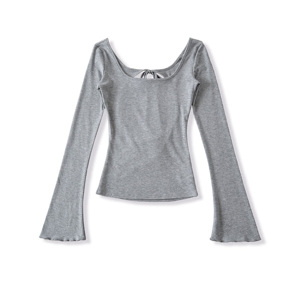 U-neck Striped Long Sleeved Elastic T-shirt Tight Top