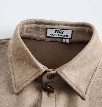 Suede Short Sleeve Shirt - Loose Fit close-up of collar and label for casual streetwear style