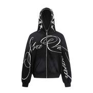 Flame letter zip hoodie | High street streetwear jacket | Unisex loose fit hoodie | Trendy flame print sweatshirt | Casual zip-up hoodie black | Purple streetwear hoodie