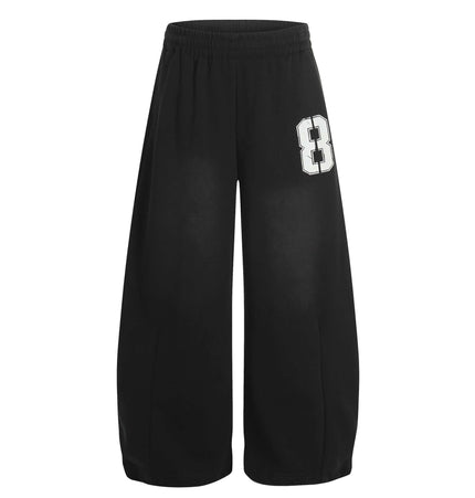 Casual Letter Print Wide-Leg Knife Pants in black with bold number 8 design, ideal for casual streetwear styling.
