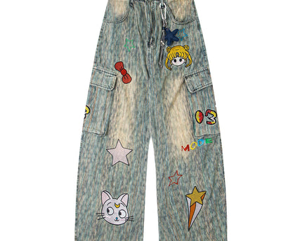 Retro Washed Star Pendant Cartoon Embroidery Loose Casual Trendy Straight Jeans for Men and Women