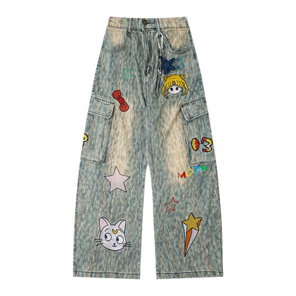 Retro Washed Star Pendant Cartoon Embroidery Loose Casual Trendy Straight Jeans for Men and Women