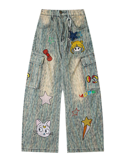 Retro Washed Star Pendant Cartoon Embroidery Loose Casual Trendy Straight Jeans for Men and Women