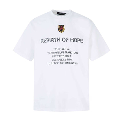 Retro Washed Badge Letter T-Shirt – Loose Fit featuring a badge print and motivational quote on a white cotton tee.