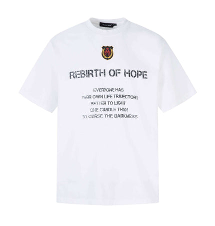 Retro Washed Badge Letter TShirt – Loose Fit featuring a vintage badge print and inspirational text on a white background.