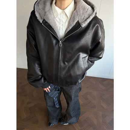 Fur Collar Hooded Winter Jacket – Loose Fit in black leather with grey fur lining, perfect for stylish winter casual wear.