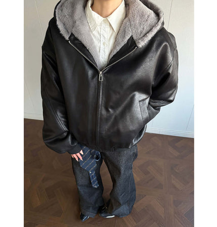 Fur Collar Hooded Winter Jacket – Loose Fit in black leather with grey fur lining, perfect for stylish winter casual wear.