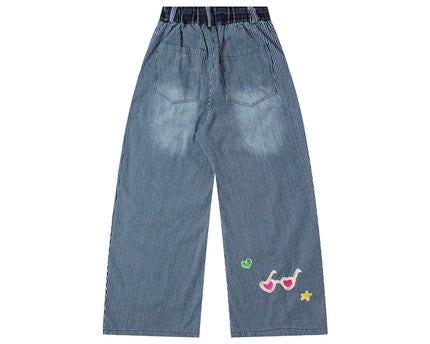 Retro Fun Cartoon Embroidery Washed Stripe Denim Pants Unisex Loose Casual Straight Street Long Trousers