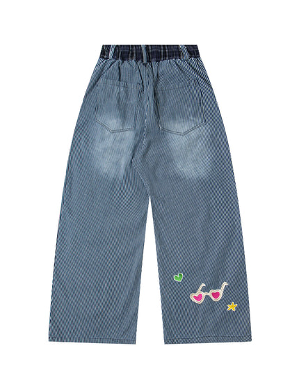 Retro Fun Cartoon Embroidery Washed Stripe Denim Pants Unisex Loose Casual Straight Street Long Trousers