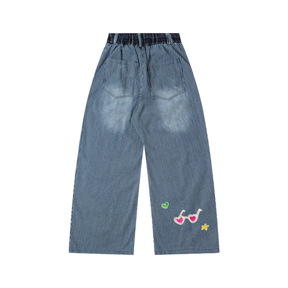 Retro Fun Cartoon Embroidery Washed Stripe Denim Pants Unisex Loose Casual Straight Street Long Trousers
