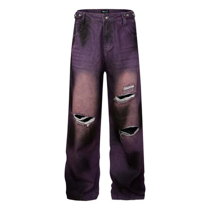 Pantaloni din denim cu picioare largi, cu aspect uzat și broderie patchwork