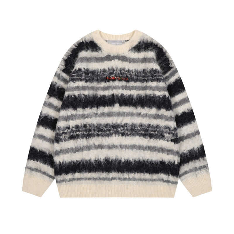 Model wearing Black stripe crewneck knitwear mohair sweater by Grozavu