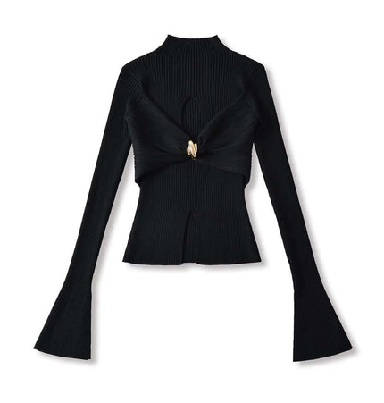 Metal Knot Hollow-Out Flare Sleeve Knit Top in black with flared sleeves and hollow-out design.