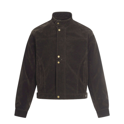 Back view of Dark Brown stand collar solid color front by Grozavu