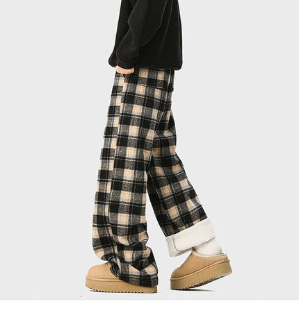 Fleece-Lined Winter Pants - Loose Fit featuring a relaxed checkered pattern, ideal for winter layering and casual wear.