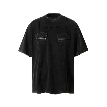 Retro Washed Pocket Embroidery T-Shirt – Loose Fit, premium relaxed black tee with pockets and logo detail.