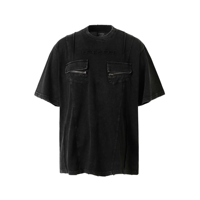 Retro Washed Pocket Embroidery T-Shirt – Loose Fit, premium relaxed black tee with pockets and logo detail.