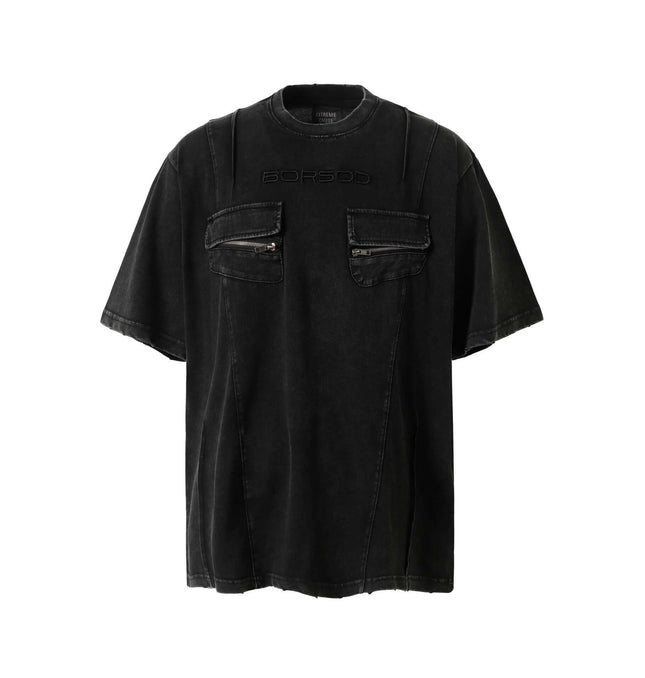 Retro Washed Pocket Embroidery T-Shirt – Loose Fit, premium relaxed black tee with pockets and logo detail.