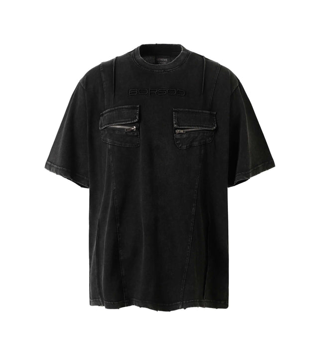 Retro Washed Pocket Embroidery T-Shirt – Loose Fit, premium relaxed black tee with pockets and logo detail.