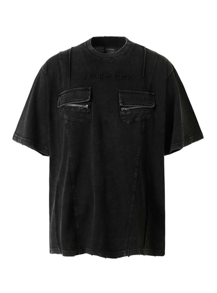 Model wearing Black washed letter embroidery pocket tee by Grozavu