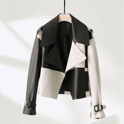 Chic and Timeless: Grozavu's High-End Black White Check Splice Leather Jacket! at €86.99