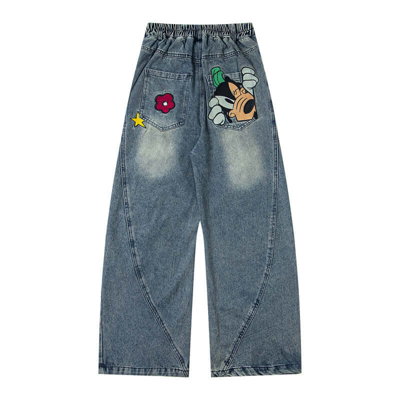 Blue unique fun cartoon embroidery denim with Grozavu logo