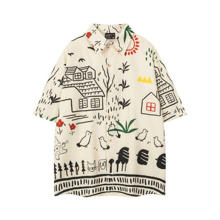 Cămașă cu dungi desenate cu mânecă scurtă - Croială lejeră