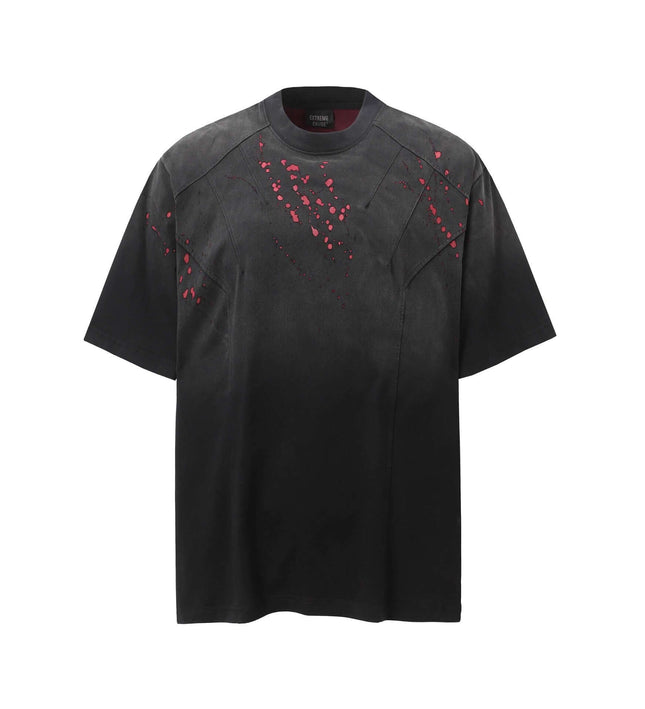 Retro Splatter Print T-Shirt – Loose Fit in black with red splatter design, showcasing a premium relaxed style.