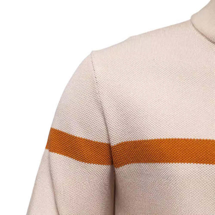 Stand Collar Half-Zip Knit Sweater featuring a stylish color-block design and soft cotton blend fabric.