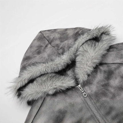 Hooded Fur Collar Jacket – Loose Fit showing soft gray fur-lined hood and zipper detail.