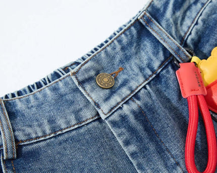 Embroidered College Style Cartoon Patch Denim Pants