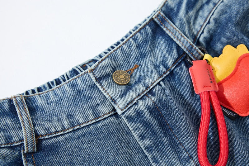 Embroidered College Style Cartoon Patch Denim Pants