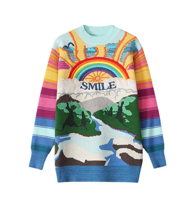 Rainbow knit top with bold embroidery, showcasing vivid colors and the word 'Smile'. Made from organic cotton, offering a relaxed fit.