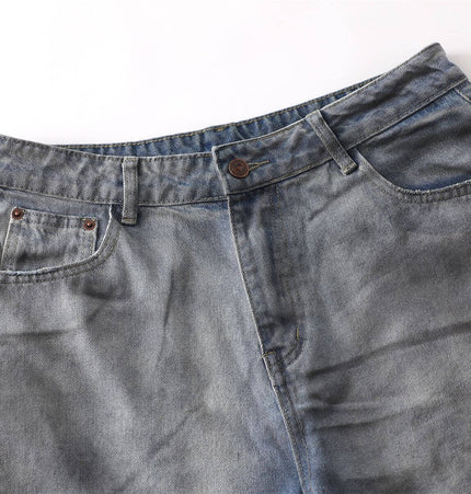 Close-up of Washed Distressed Denim Pants showcasing the waistband and pockets, perfect for casual street-style looks.