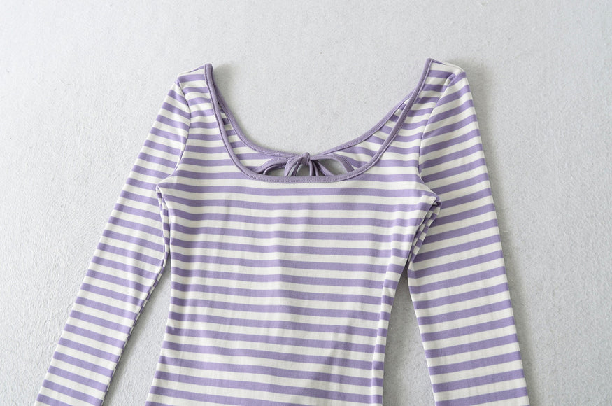 U-neck Striped Long Sleeved Elastic T-shirt Tight Top