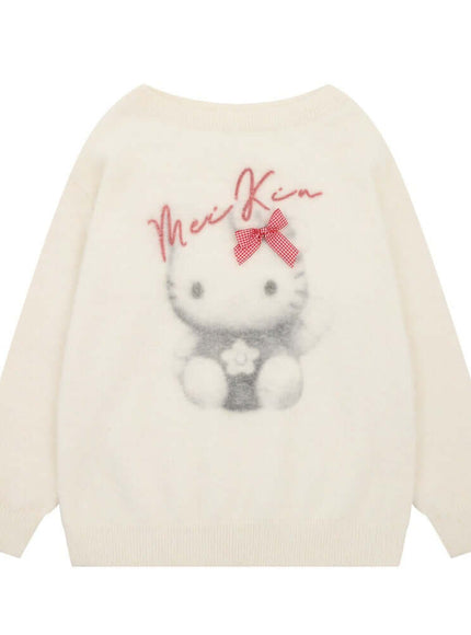 Model wearing Apricot hello kitty print round sweater by Grozavu