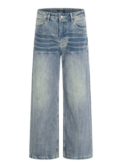 Model wearing Washed Blue washed denim straight leg pants by Grozavu