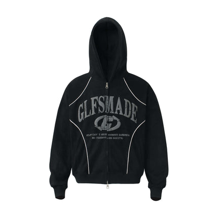 Faux Suede Printed Hoodie – Loose Fit in black with graphic print and zipper detailing.