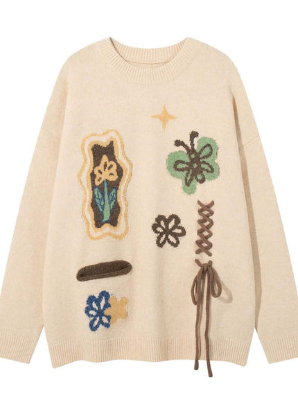 Apricot jacquard drawstring crewneck sweater knitwear with Grozavu logo