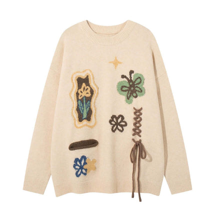 Apricot jacquard drawstring crewneck sweater knitwear with Grozavu logo