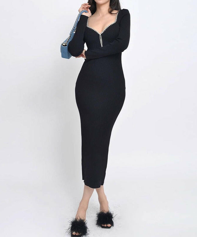 Grozavu's Rhinestone-Trimmed Backless Knitted Dress: Sexy V-Neck, Slim-Fit Design