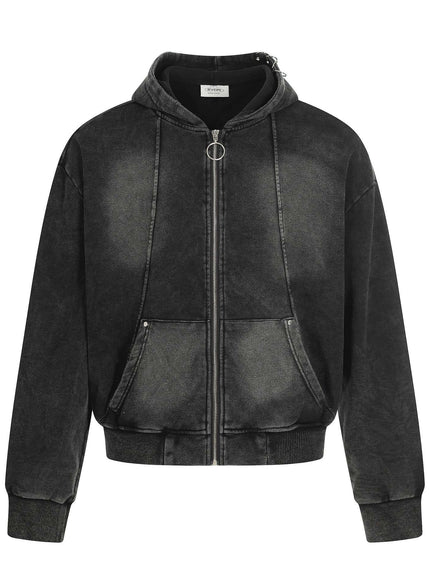 Model wearing Black washed black distressed zip jacket by Grozavu