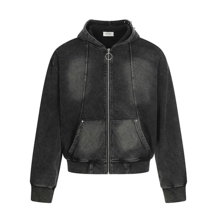 Model wearing Black washed black distressed zip jacket by Grozavu