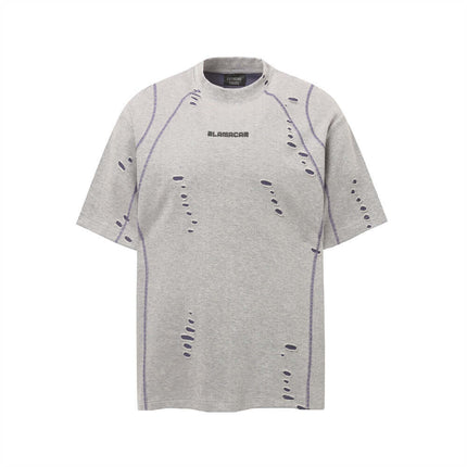 Punk Distressed Short Sleeve T-Shirt – Loose Fit in gray with ripped detailing for a premium relaxed streetwear style.