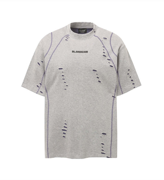Punk Distressed Short Sleeve T-Shirt – Loose Fit in gray with ripped detailing for a premium relaxed streetwear style.