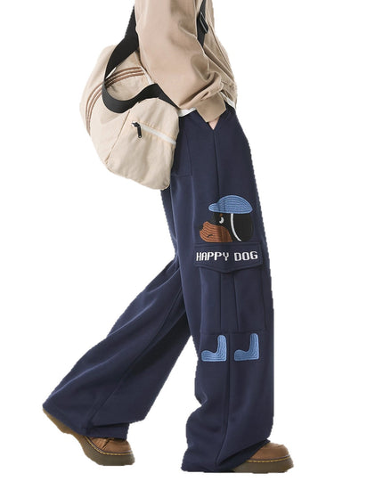 Style Dog Embroidery Sweatpants Men's Retro Multi-Pocket Casual Pants High Street Versatile Drawstring Loose Athletic Pants