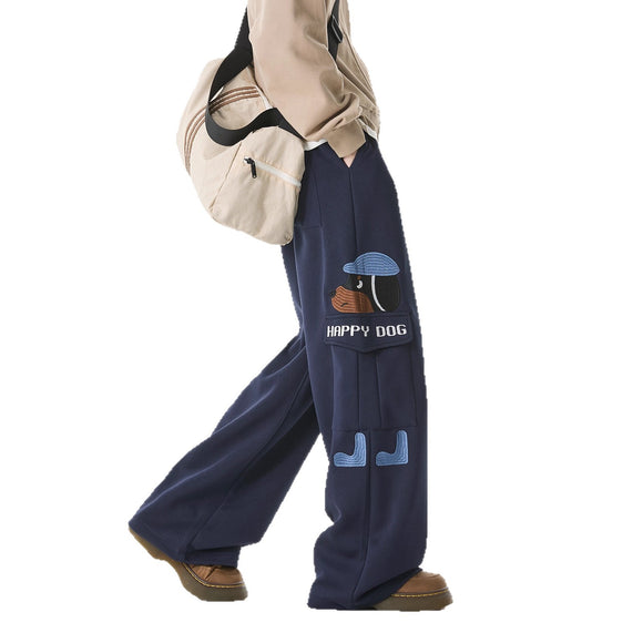 Style Dog Embroidery Sweatpants Men's Retro Multi-Pocket Casual Pants High Street Versatile Drawstring Loose Athletic Pants